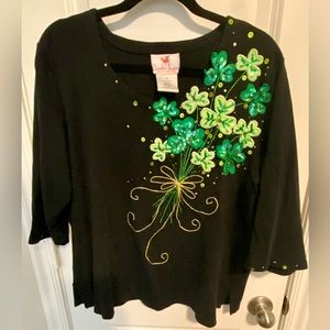 Quacker Factory 1X Black Cotton Knit Tunic 3/4-Sleeve w/Sparkly Shamrock Bouquet